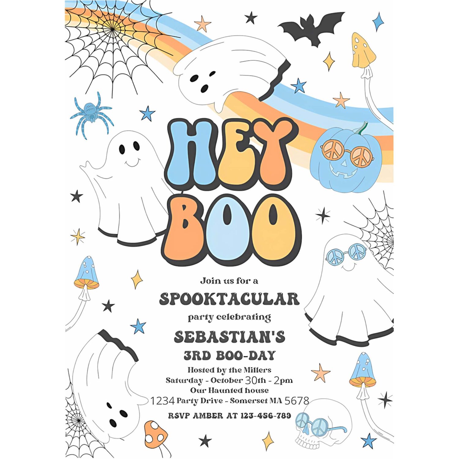 Editable hey boo cute halloween ghost 1st birthday invitation retro groovy ghost birthday hippie halloween party instant download vaq 4