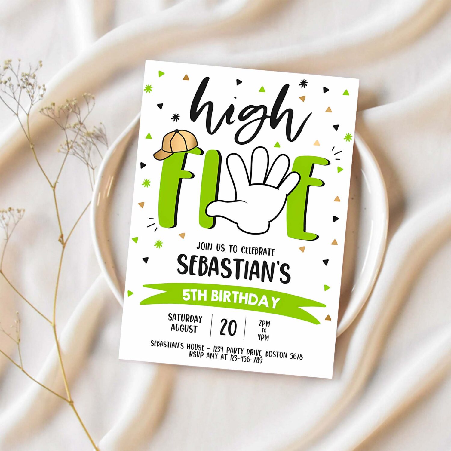 Editable high five birthday party invitation hi five 5th birthday party boys 5th birthday party hi 5 fifth birthday 1