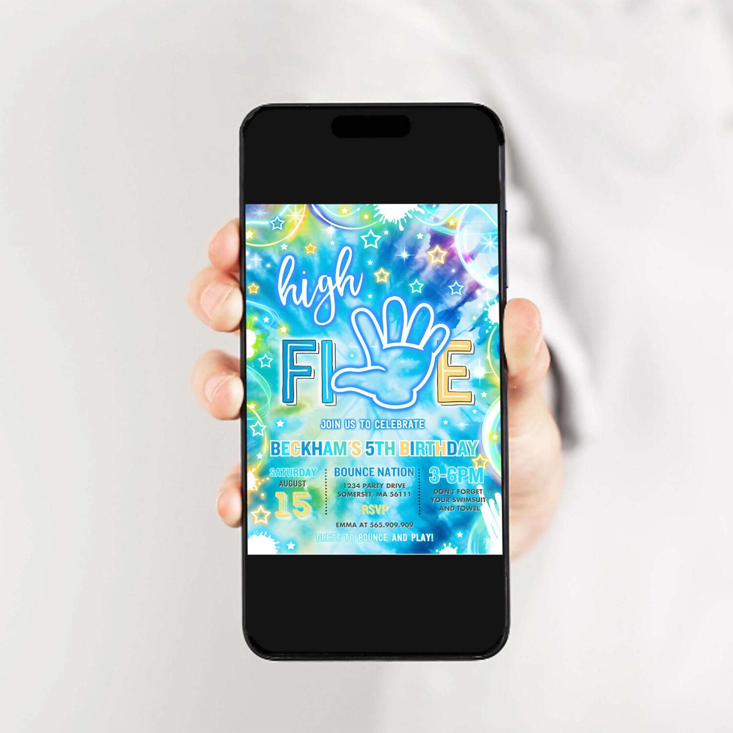 Editable high five birthday party invitation neon glow high five hi five 5th birthday party boys 5th birthday party instant download h48 2
