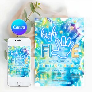 Neon Invitation, High Five Birthday Party Invitation Neon Glow High Five Hi Five 5th Birthday Party Boys 5th Birthday Party