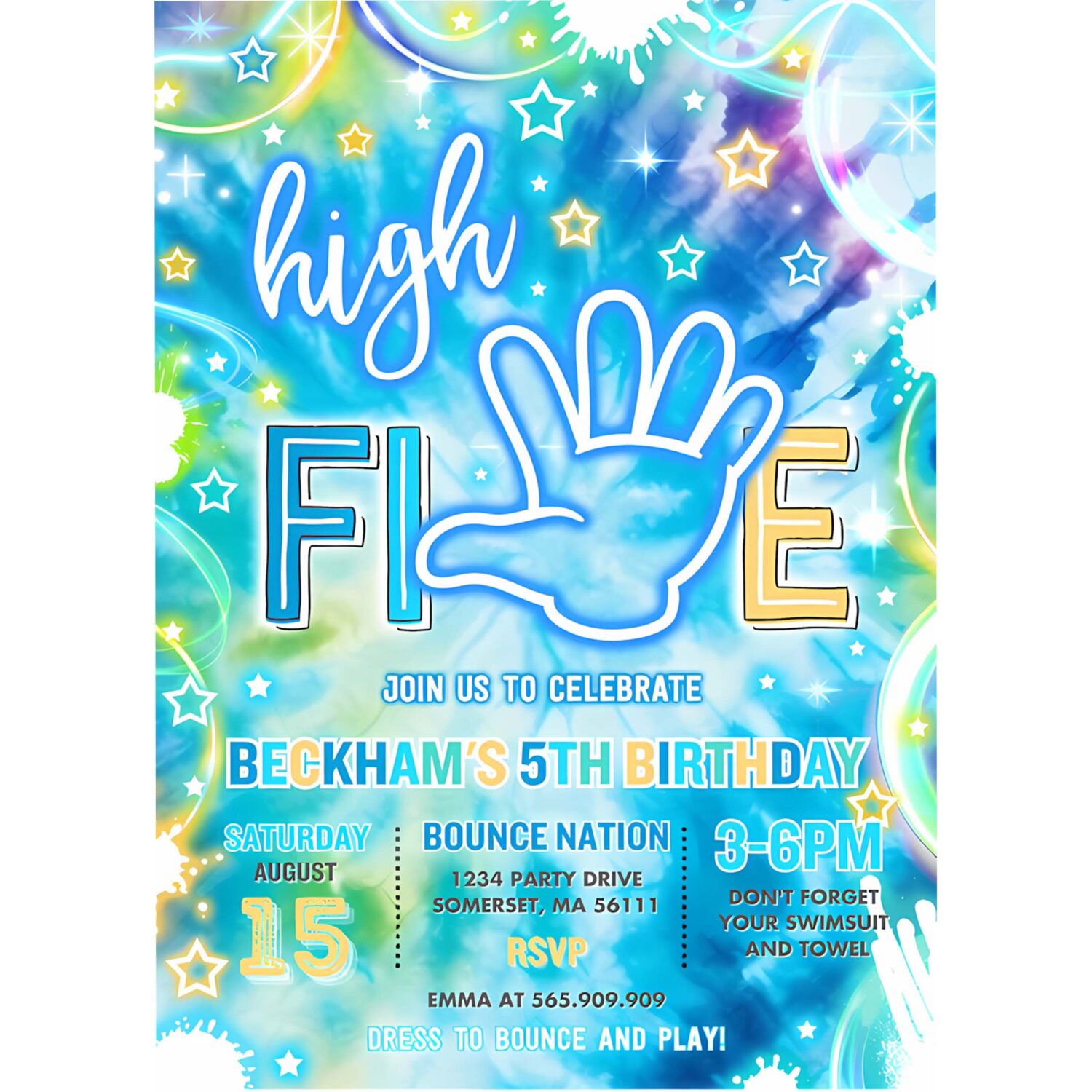 Editable high five birthday party invitation neon glow high five hi five 5th birthday party boys 5th birthday party instant download h48 4