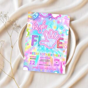 Editable high five birthday party invitation neon glow high five hi five 5th birthday party girls 5th birthday party instant download h46 1