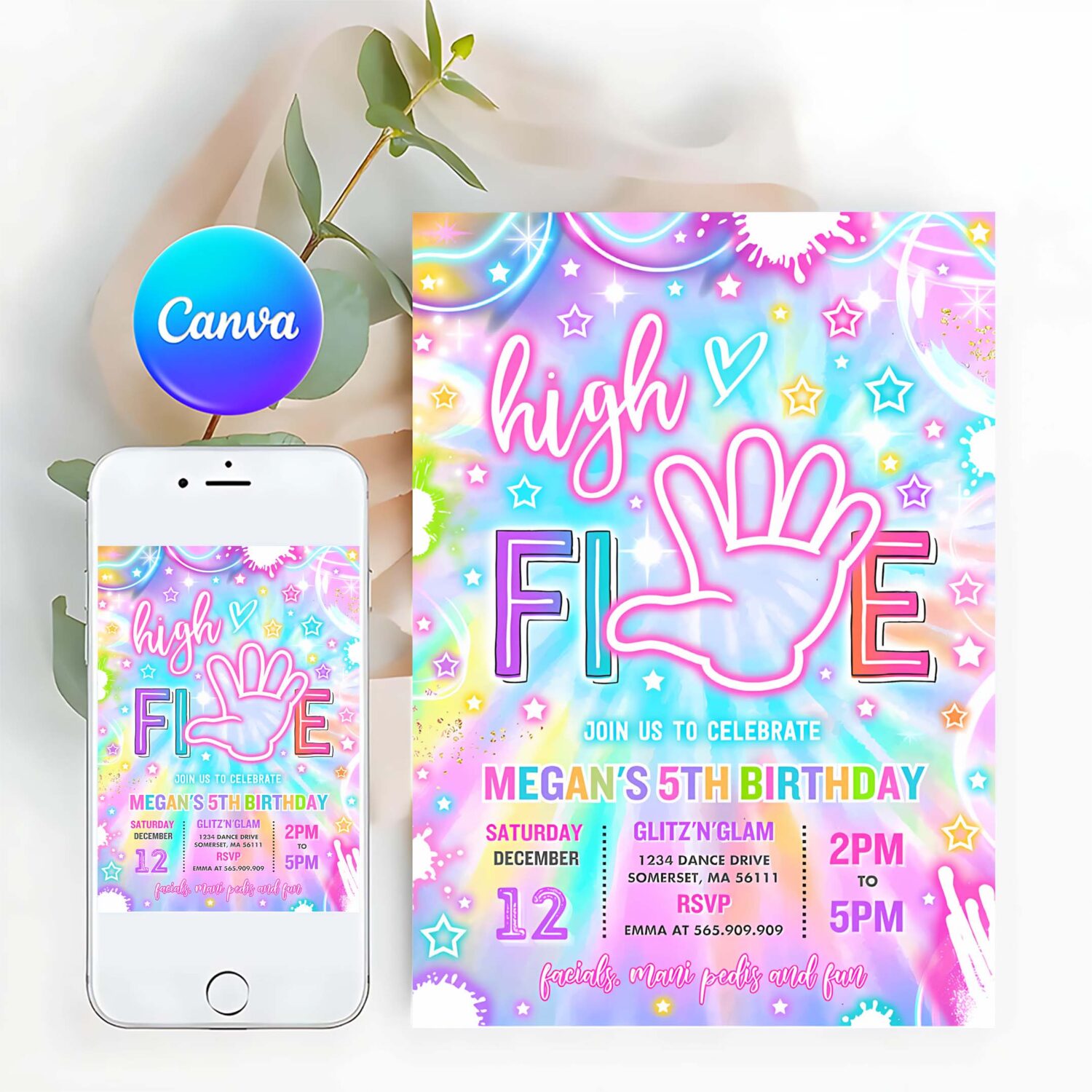 Editable high five birthday party invitation neon glow high five hi five 5th birthday party girls 5th birthday party instant download h46