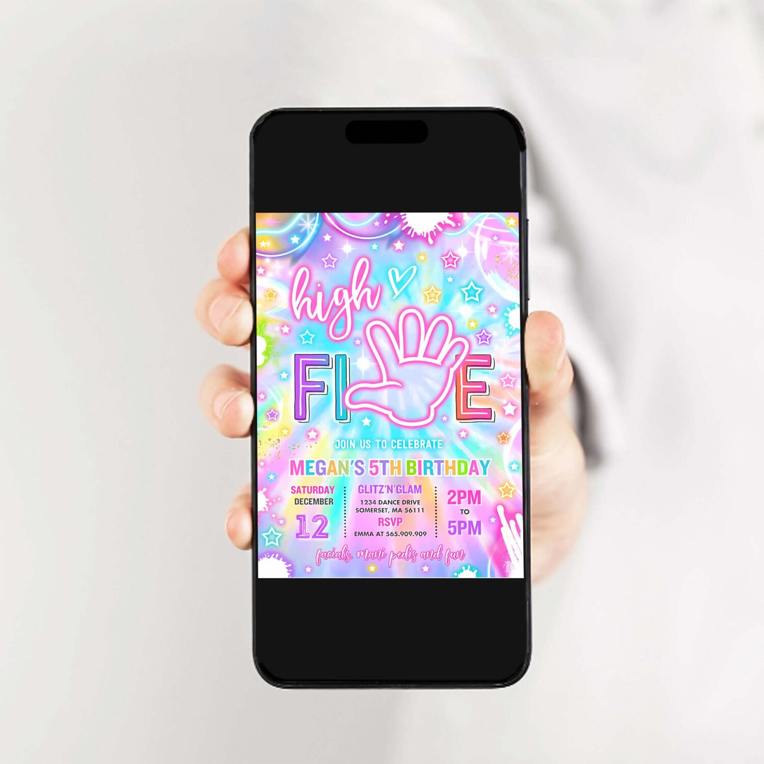 Editable high five birthday party invitation neon glow high five hi five 5th birthday party girls 5th birthday party instant download h46 2