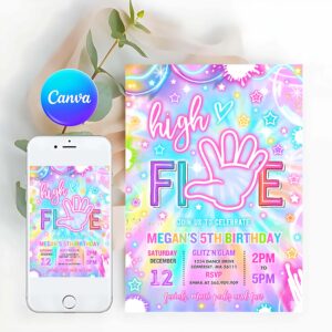 Neon Invitation, High Five Birthday Party Invitation Neon Glow High Five Hi Five 5th Birthday Party Girls 5th Birthday Party