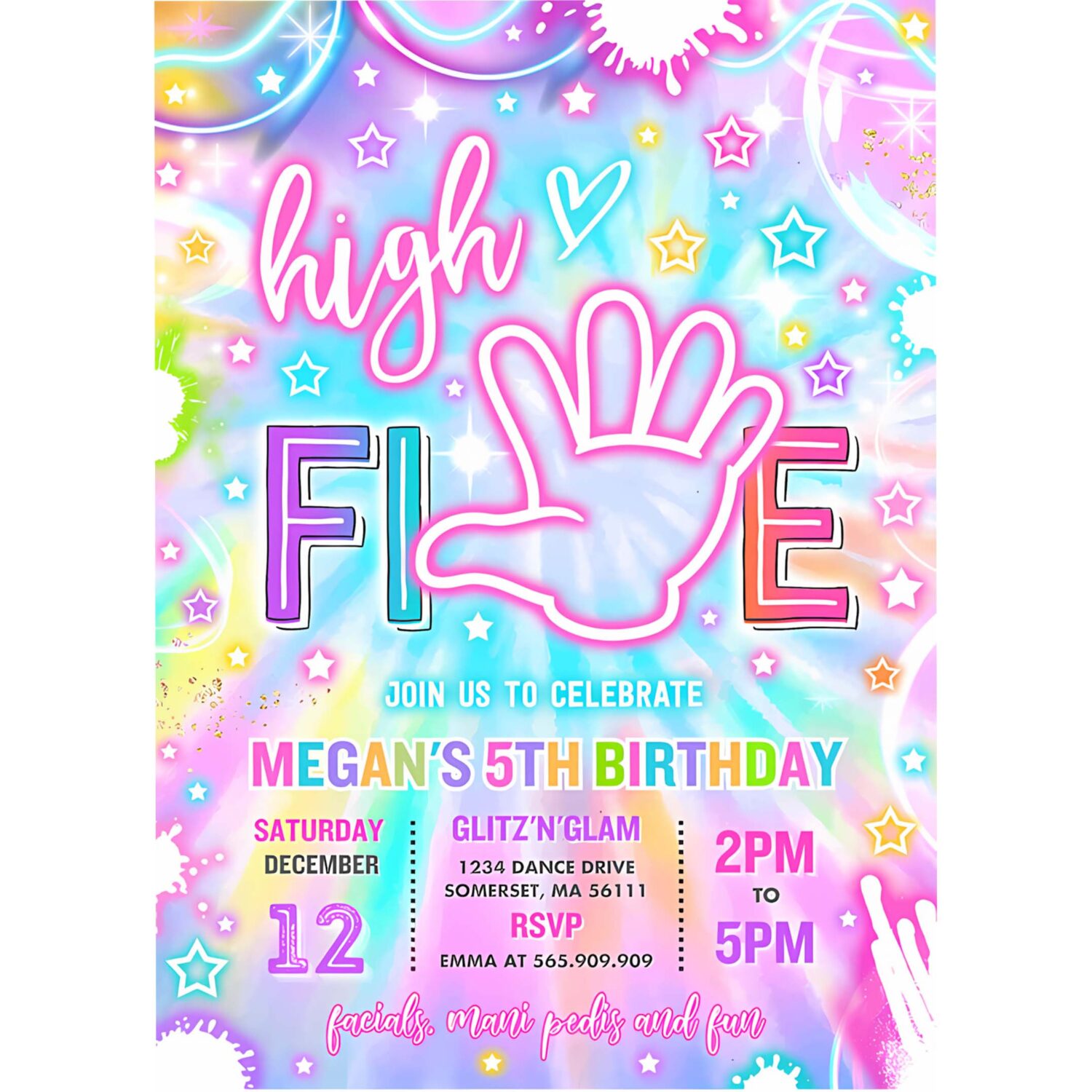 Editable high five birthday party invitation neon glow high five hi five 5th birthday party girls 5th birthday party instant download h46 4