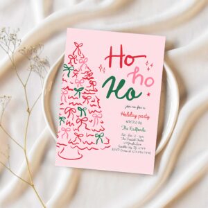 Editable ho ho ho christmas party invitation pink red christmas tree ho ho ho holiday party christmas cocktail party instant download jj9 1