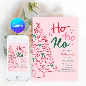 Christmas Invitation, Ho Ho Ho Christmas Party Invitation Pink & Red Christmas Tree Ho Ho Ho Holiday Party Christmas Cocktail Party