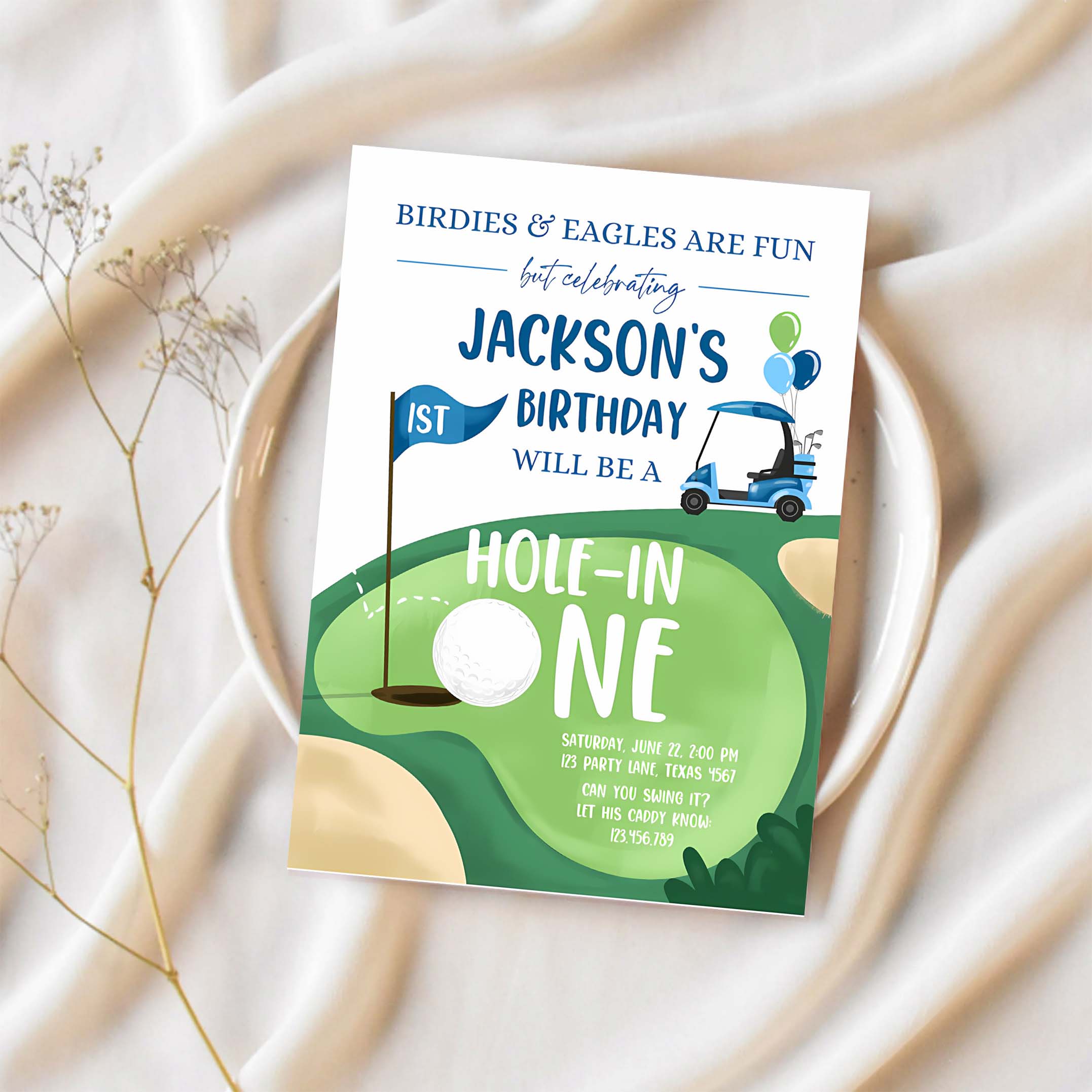 Editable Hole in One Birthday Invitation Golf First Birthday Par tee Golf Invite Boy Golfing Download Printable Template Digital Corjl 0405