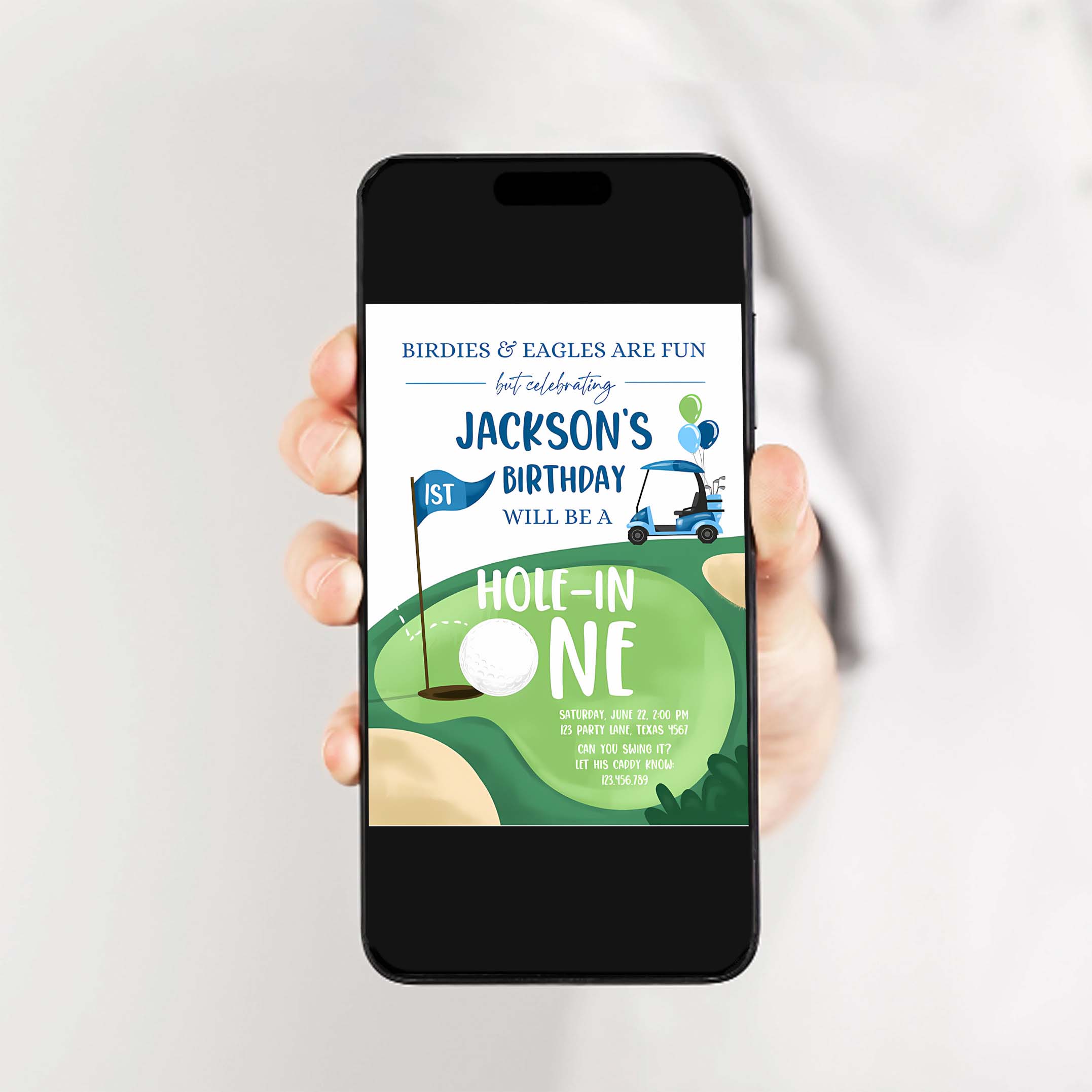 Editable Hole in One Birthday Invitation Golf First Birthday Par tee Golf Invite Boy Golfing Download Printable Template Digital Corjl 0405