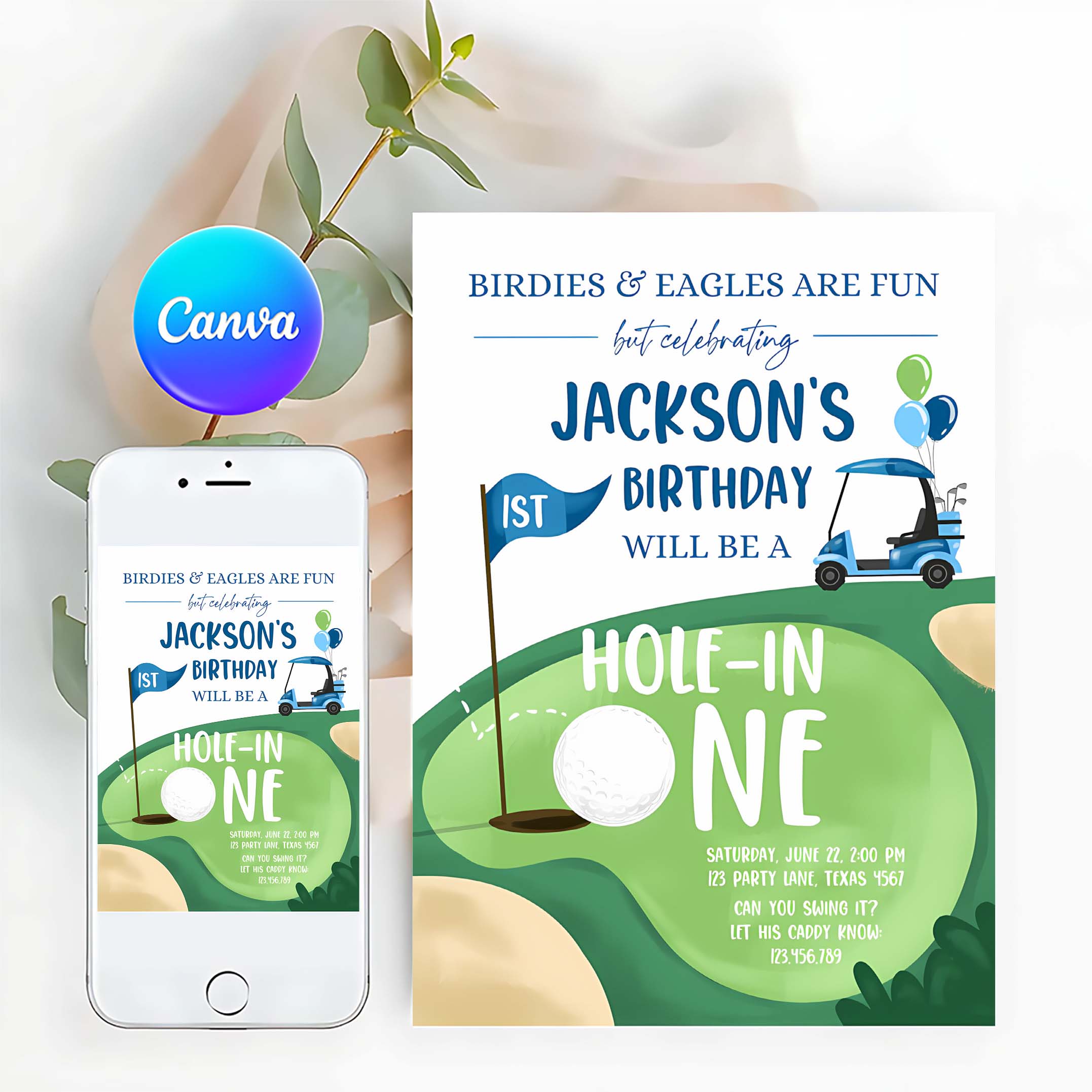 Editable Hole in One Birthday Invitation Golf First Birthday Par tee Golf Invite Boy Golfing Download Printable Template Digital Corjl