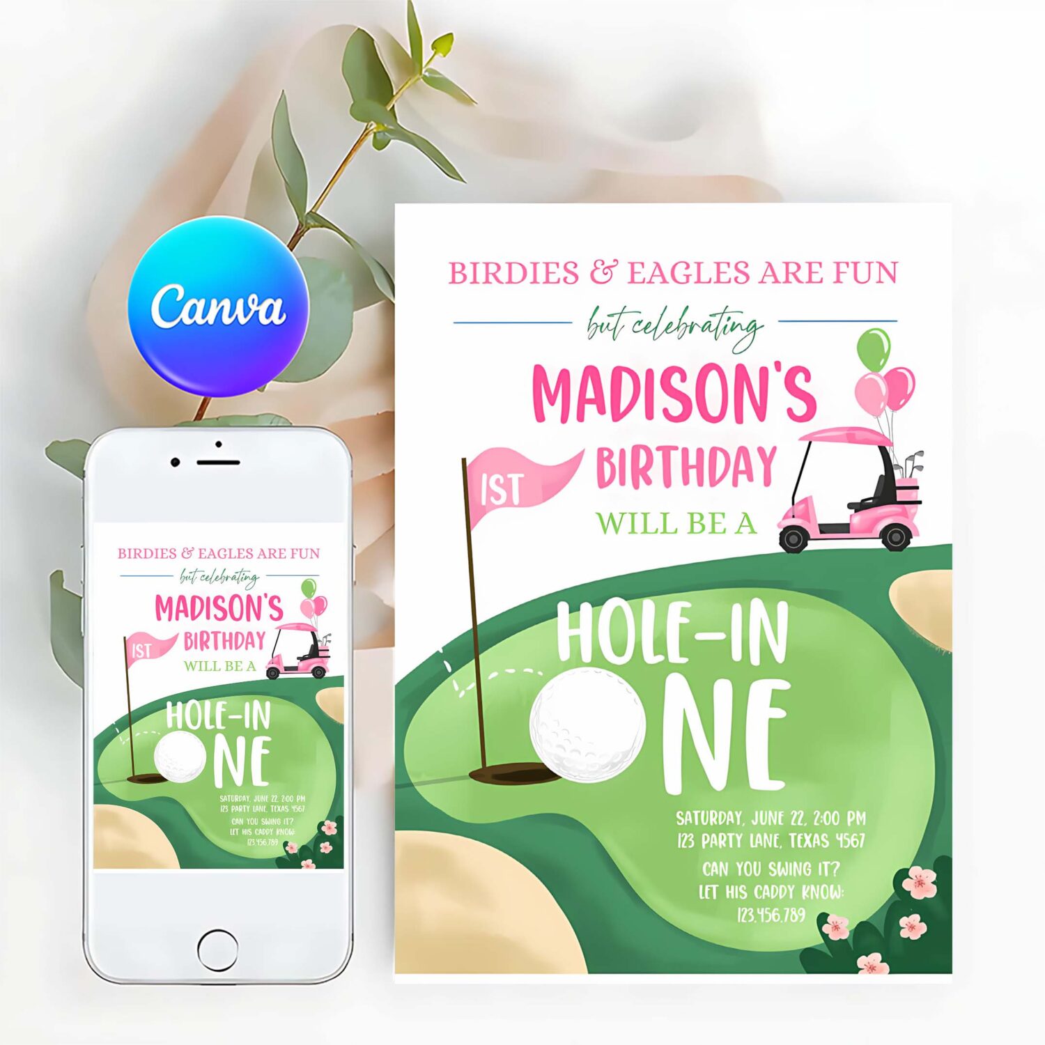 Editable hole in one birthday invitation golf first birthday par tee golf invite girl golfing download printable template digital corjl 0405