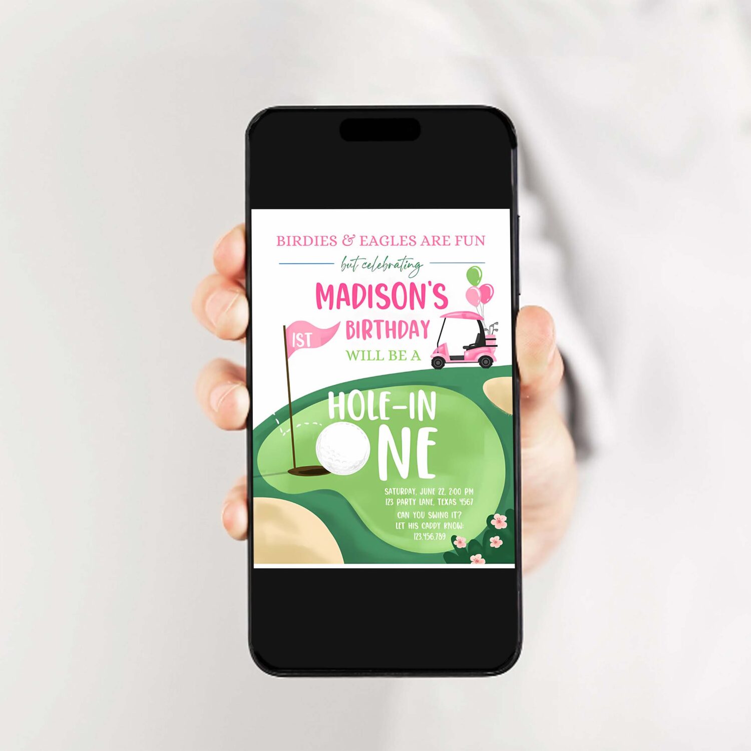 Editable hole in one birthday invitation golf first birthday par tee golf invite girl golfing download printable template digital corjl 0405 2