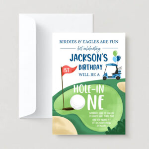 Editable hole in one birthday party golf first birthday par tee golf invite boy golfing download printable template digital corjl 0405 2