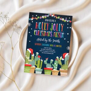 Editable holly jolly christmas fiesta invitation cactus mexican holiday xmas party feliz navidad digital printable corjl template 0273 1