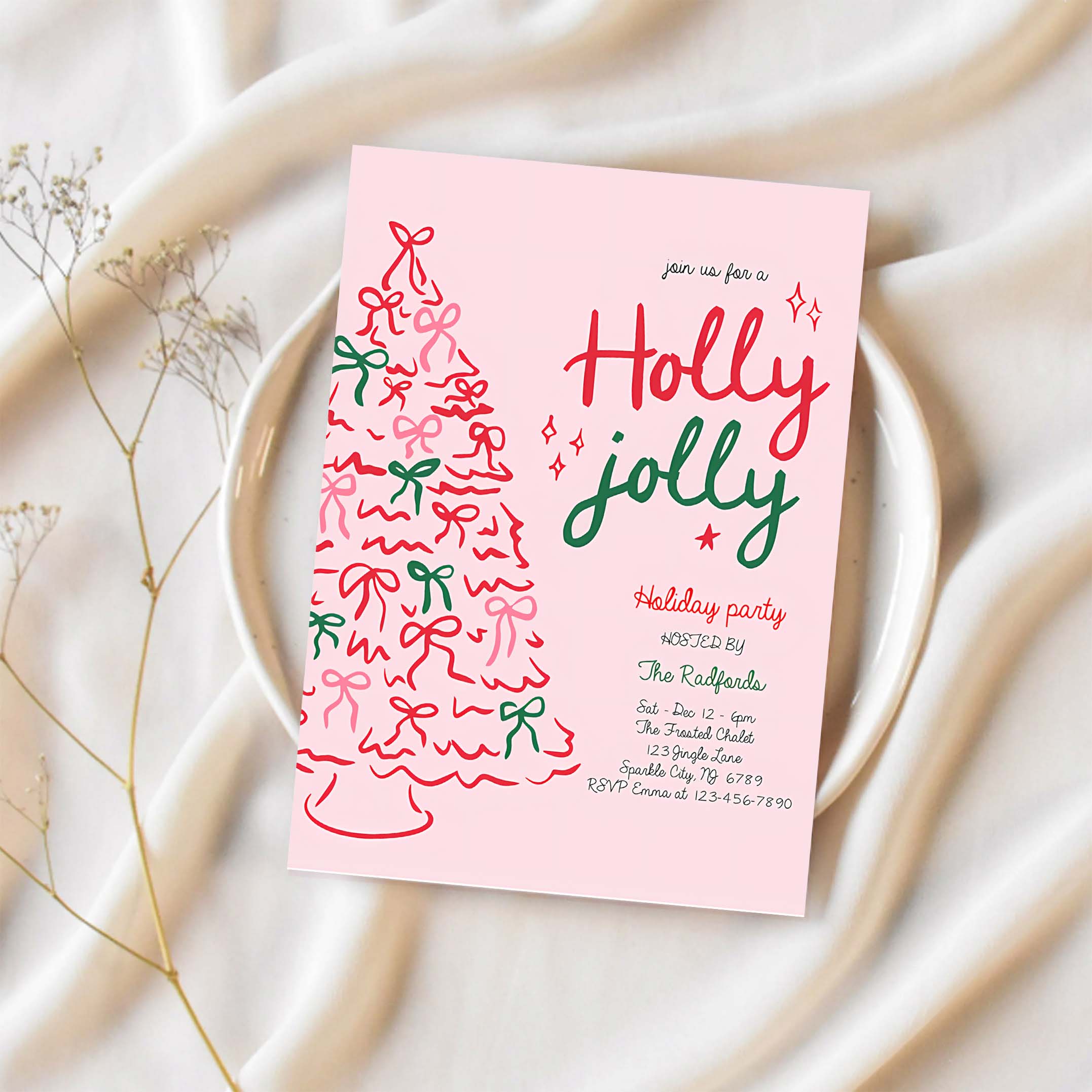 Editable Holly Jolly Christmas Party Invite Pink Red Christmas Tree Holly Jolly Holiday Cocktail Party Invitation Instant Download JJ9