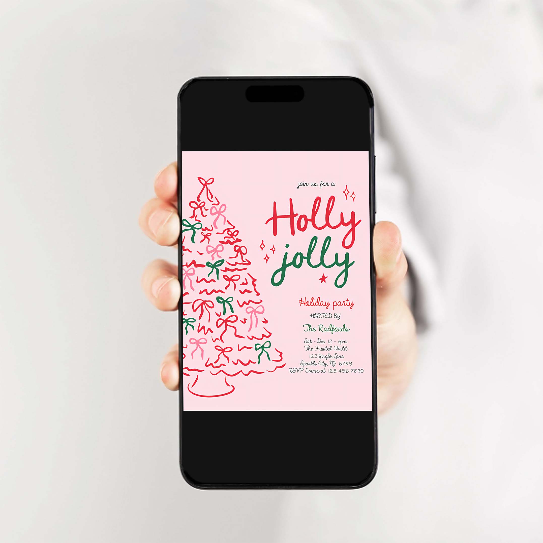 Editable Holly Jolly Christmas Party Invite Pink Red Christmas Tree Holly Jolly Holiday Cocktail Party Invitation Instant Download JJ9
