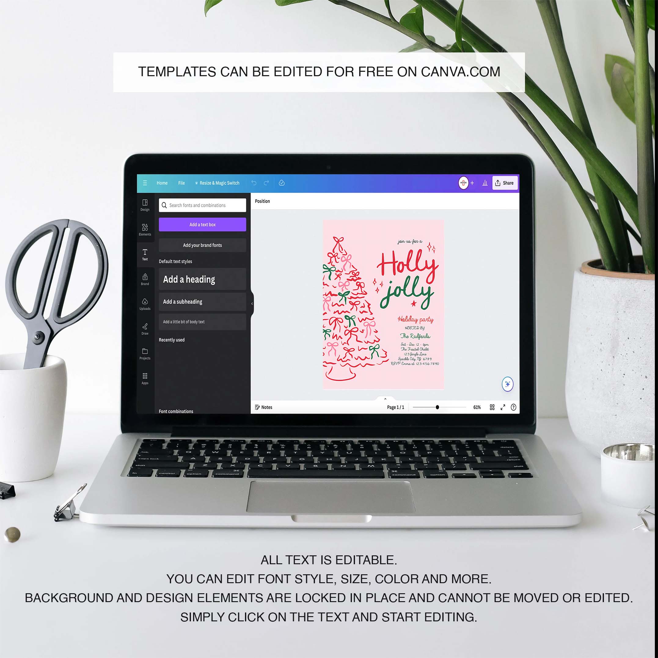 Editable Holly Jolly Christmas Party Invite Pink Red Christmas Tree Holly Jolly Holiday Cocktail Party Invitation Instant Download JJ9