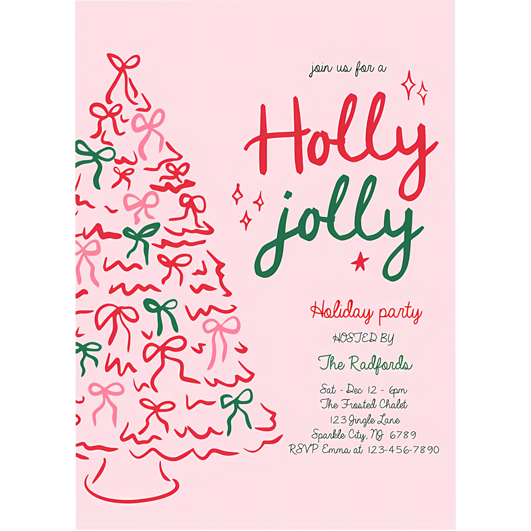 Editable Holly Jolly Christmas Party Invite Pink Red Christmas Tree Holly Jolly Holiday Cocktail Party Invitation Instant Download JJ9