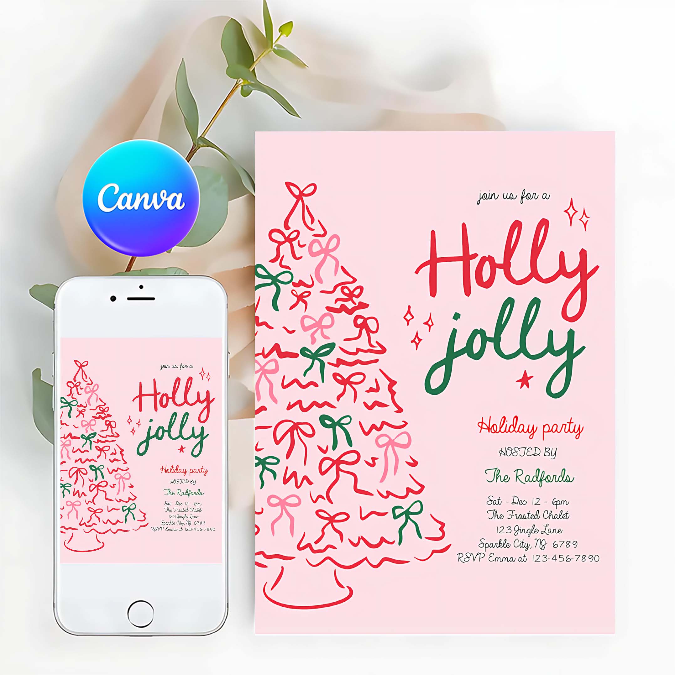 Editable Holly Jolly Christmas Party Invite Pink Red Christmas Tree Holly Jolly Holiday Cocktail Party Invitation Instant Download JJ9