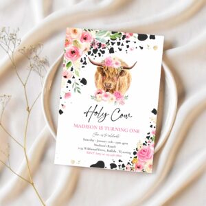 Editable holy cow im one 1st birthday party invitation pink floral farm ranch highland cow 1st birthday party 1