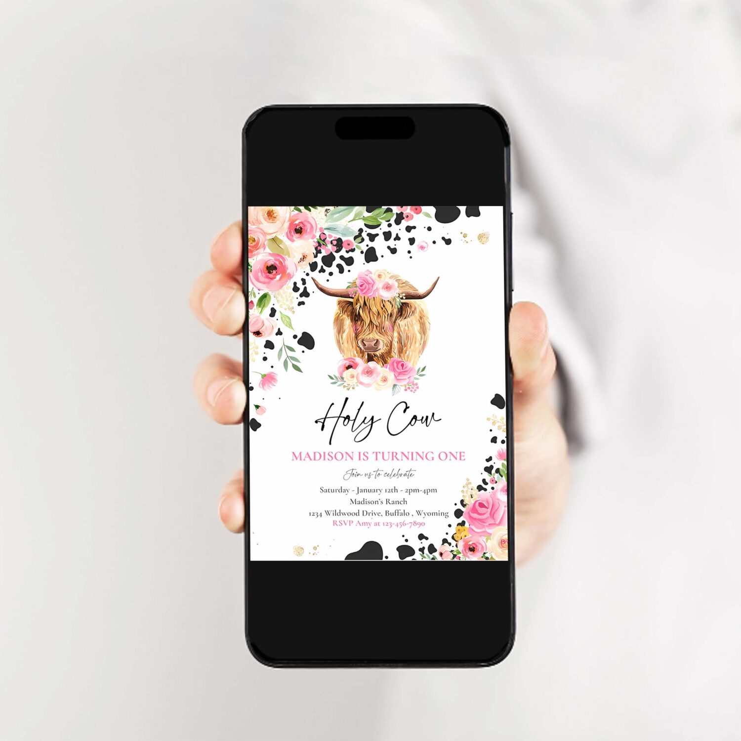 Editable holy cow im one 1st birthday party invitation pink floral farm ranch highland cow 1st birthday party 2