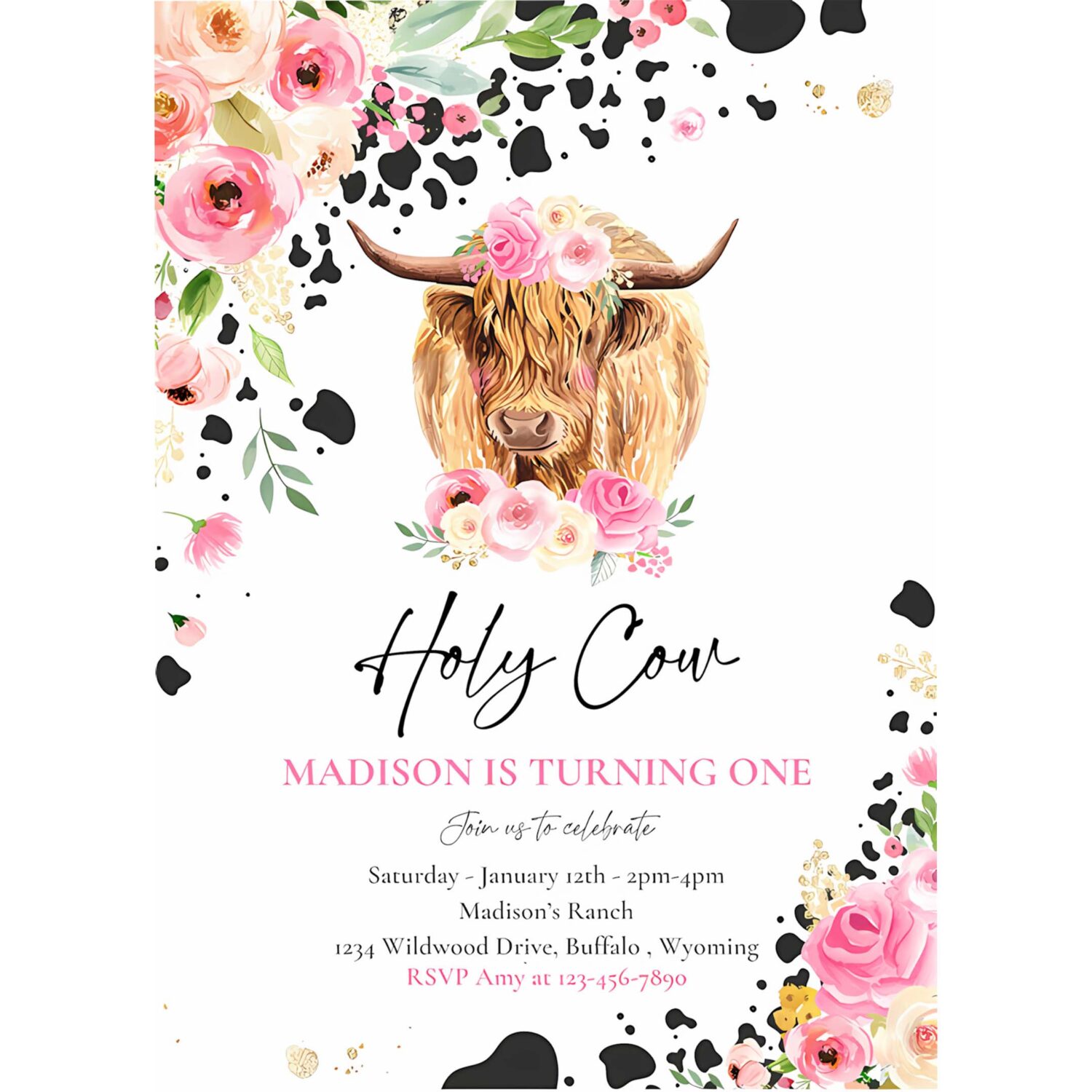 Editable holy cow im one 1st birthday party invitation pink floral farm ranch highland cow 1st birthday party 4