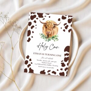 Editable holy cow im one birthday party invitation highland cow birthday boy ranch farm cow 1st birthday party 1