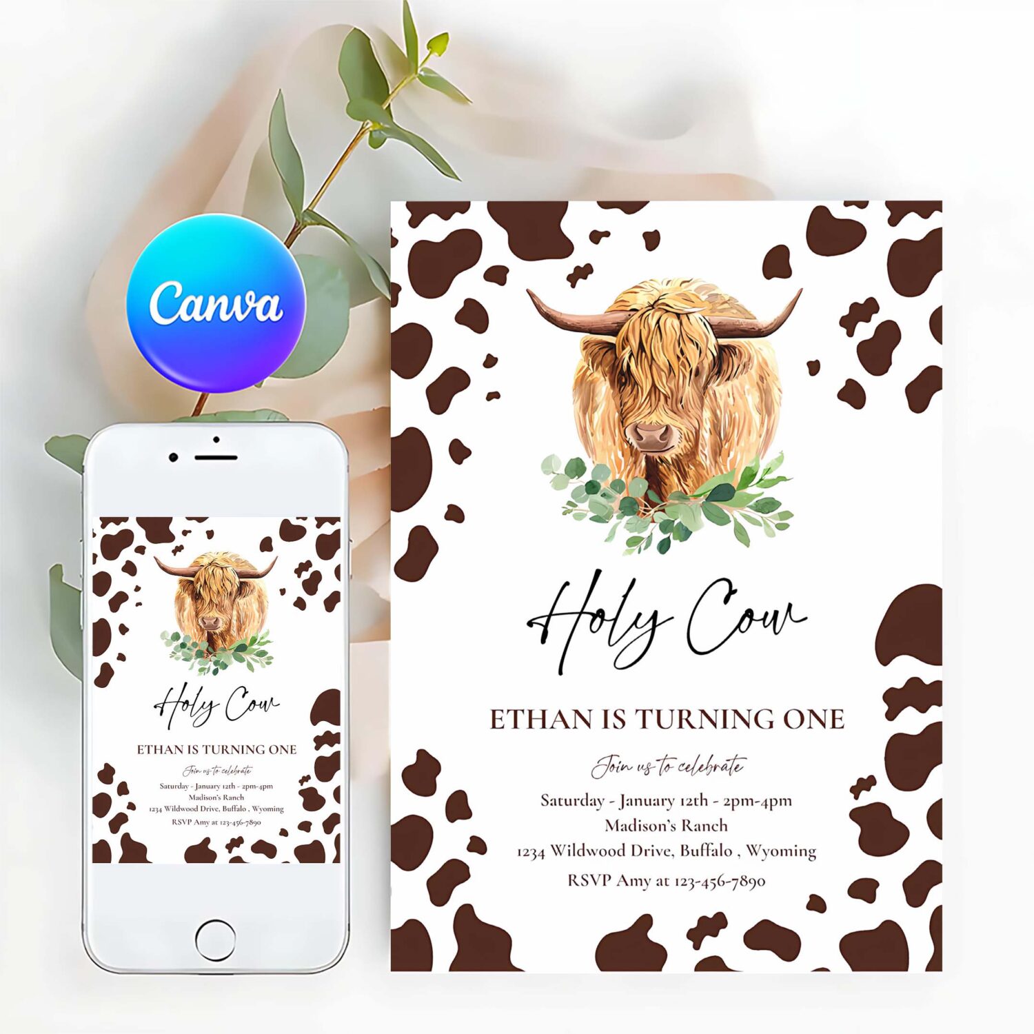 Editable holy cow im one birthday party invitation highland cow birthday boy ranch farm cow 1st birthday party