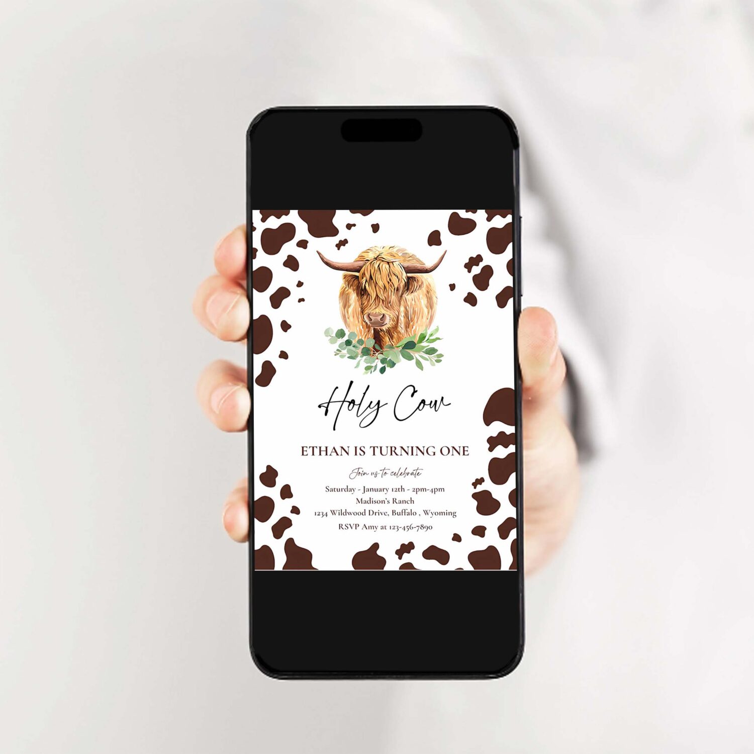 Editable holy cow im one birthday party invitation highland cow birthday boy ranch farm cow 1st birthday party 2