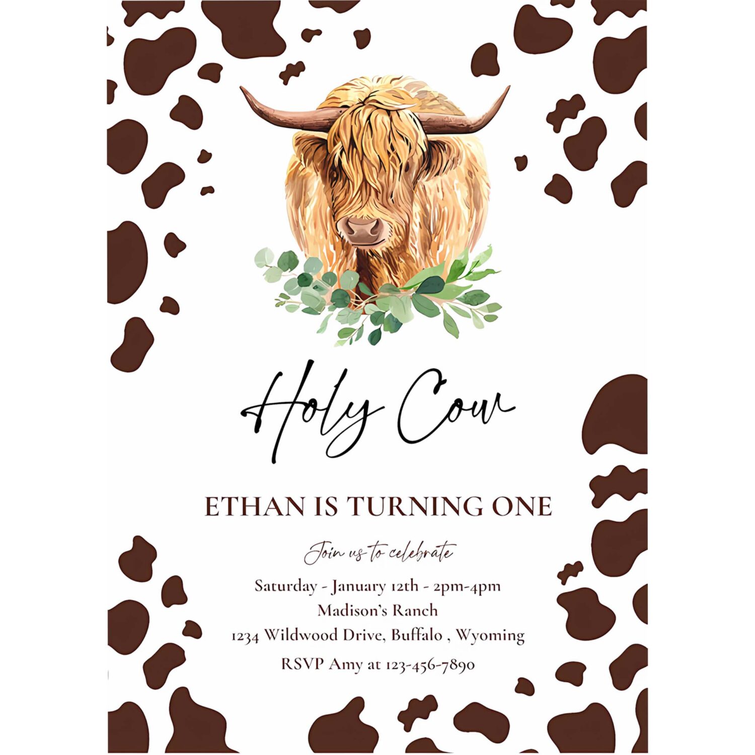 Editable holy cow im one birthday party invitation highland cow birthday boy ranch farm cow 1st birthday party 4