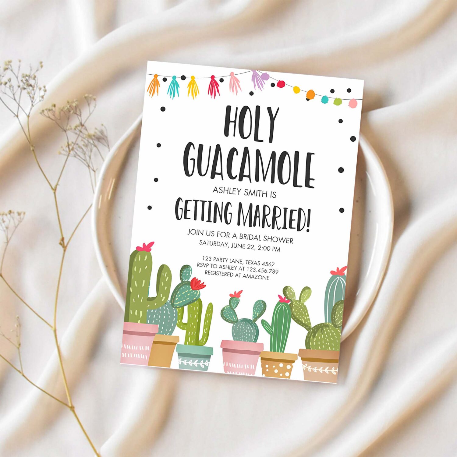 Editable holy guacamole bridal shower invitation fiesta couples shower cactus succulent mexican 1