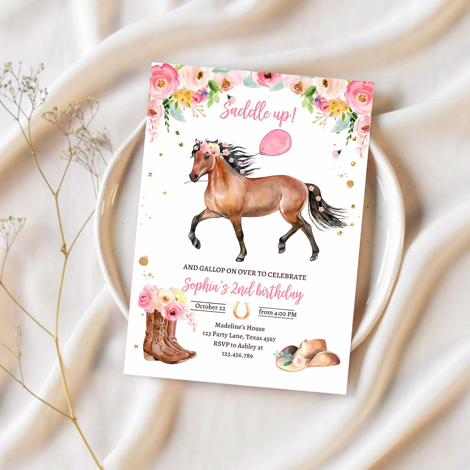 Editable horse birthday invitation girl saddle up watercolor cowgirl horse party invite pink floral download printable template corjl 0408 1