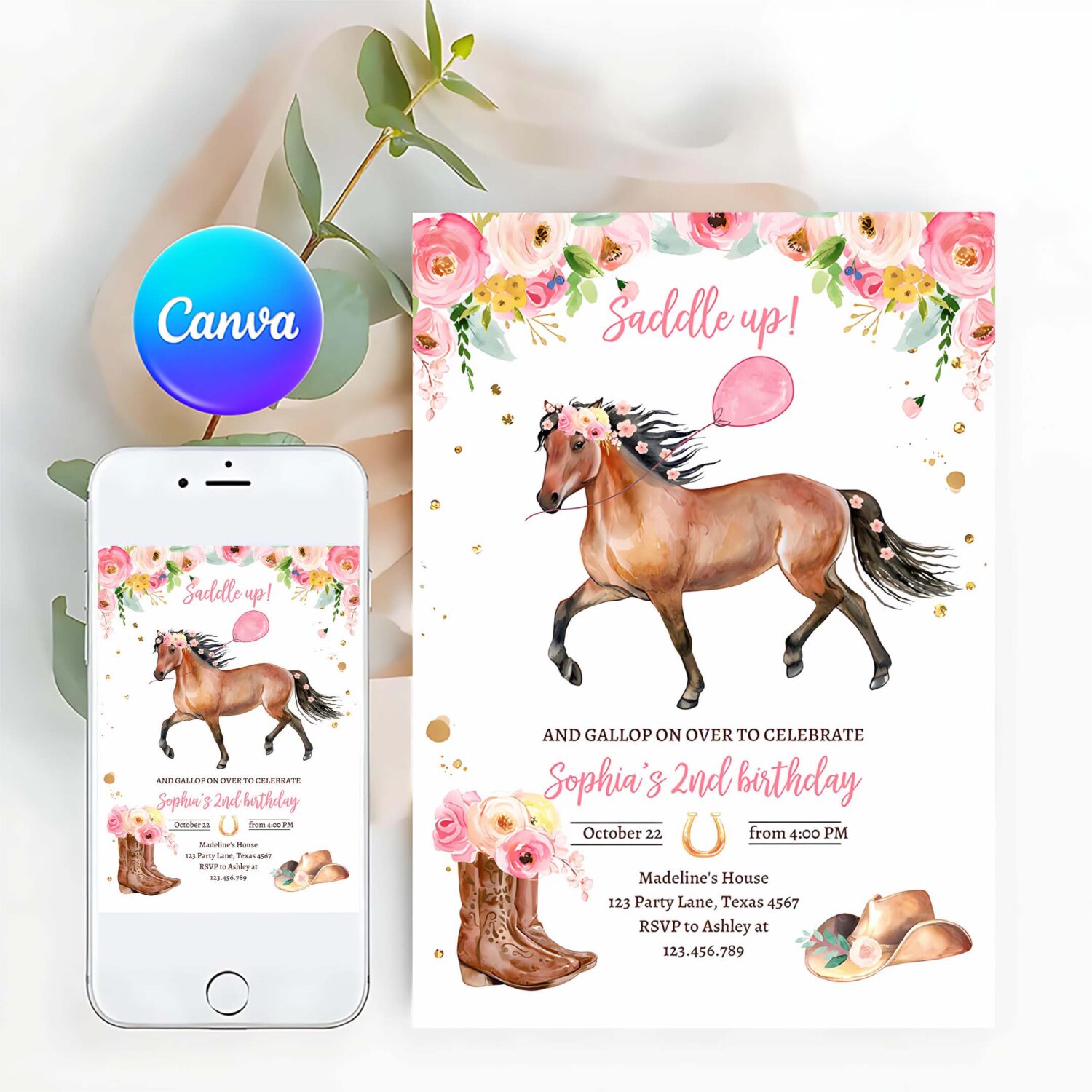Editable horse birthday invitation girl saddle up watercolor cowgirl horse party invite pink floral download printable template corjl 0408