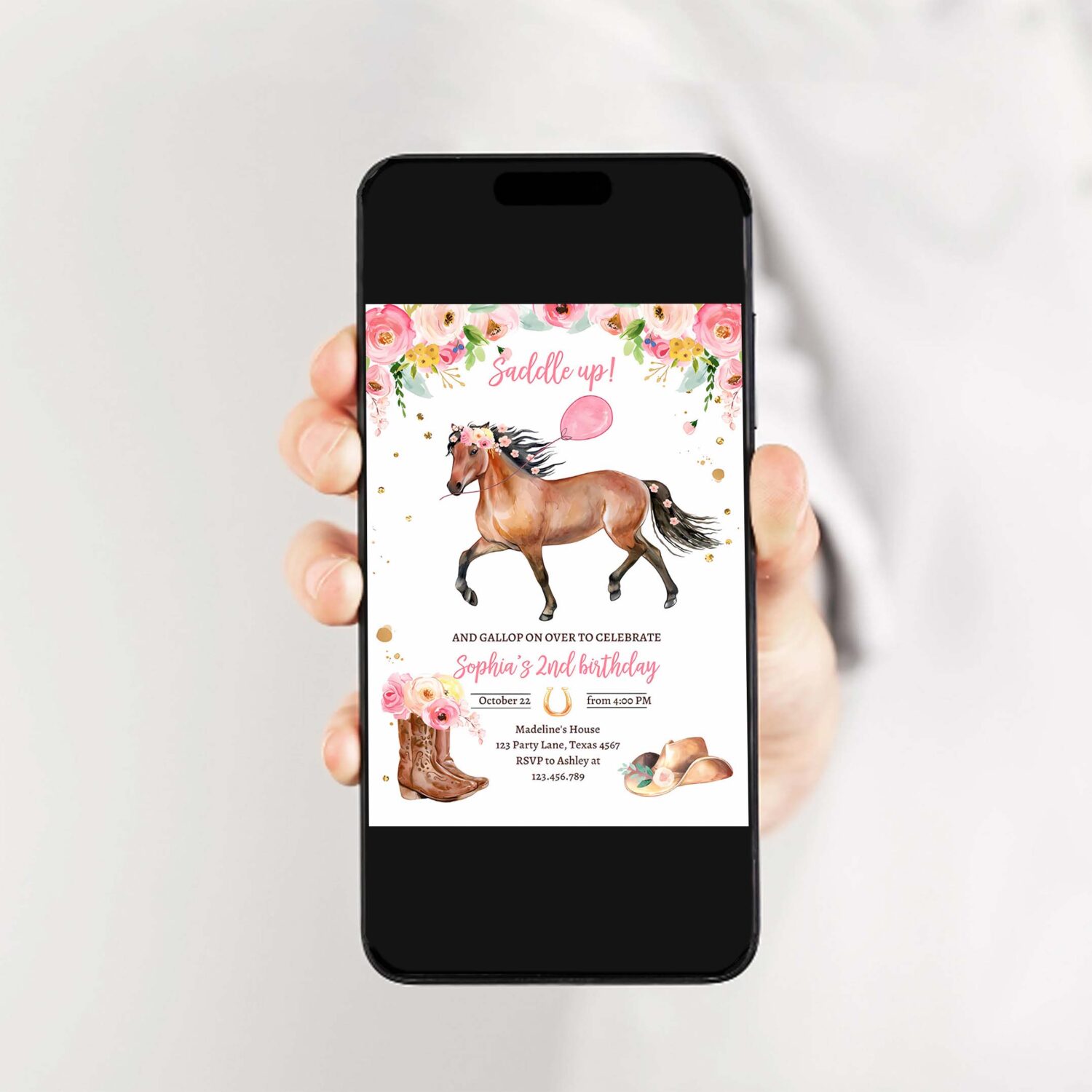 Editable horse birthday invitation girl saddle up watercolor cowgirl horse party invite pink floral download printable template corjl 0408 2
