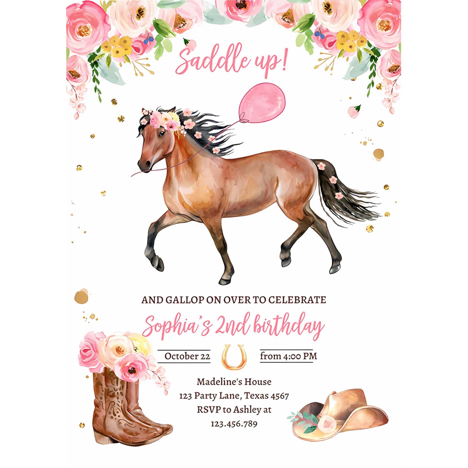 Editable horse birthday invitation girl saddle up watercolor cowgirl horse party invite pink floral download printable template corjl 0408 4