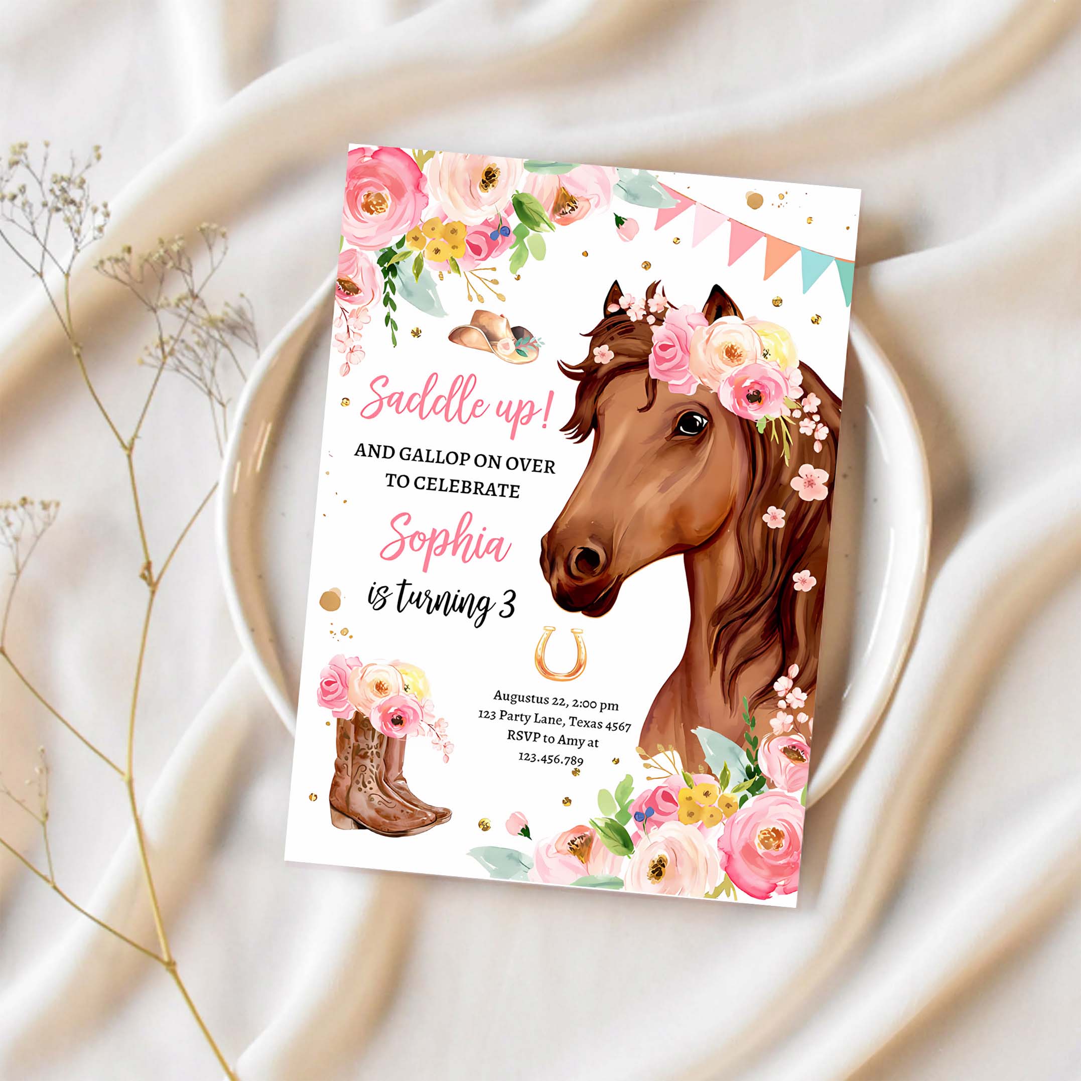 Editable Horse Birthday Invitation Girl Saddle Up Watercolor Cowgirl Party Horse Invite Pink Floral Download Printable Template Corjl 0408
