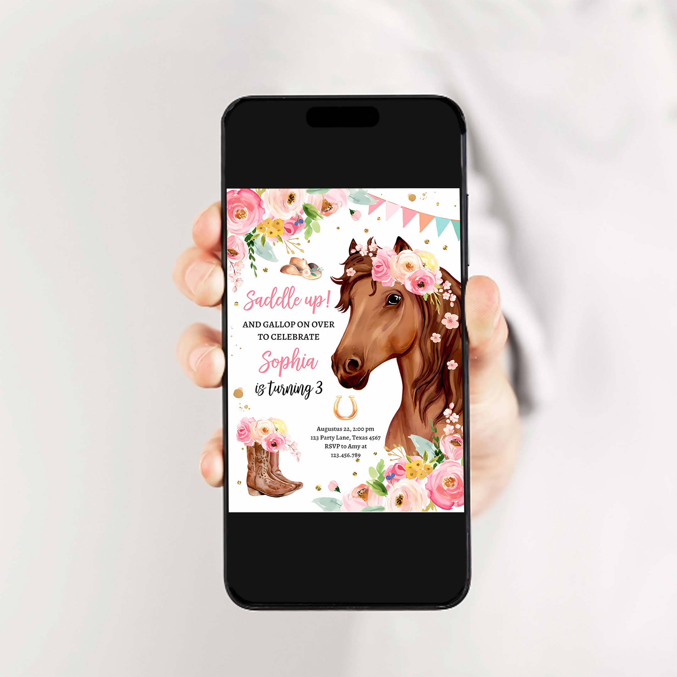 Editable Horse Birthday Invitation Girl Saddle Up Watercolor Cowgirl Party Horse Invite Pink Floral Download Printable Template Corjl 0408