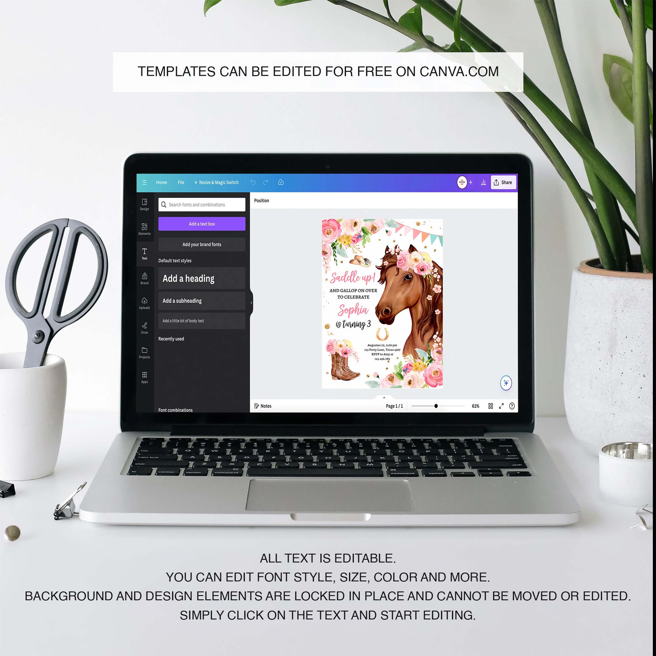 Editable Horse Birthday Invitation Girl Saddle Up Watercolor Cowgirl Party Horse Invite Pink Floral Download Printable Template Corjl 0408