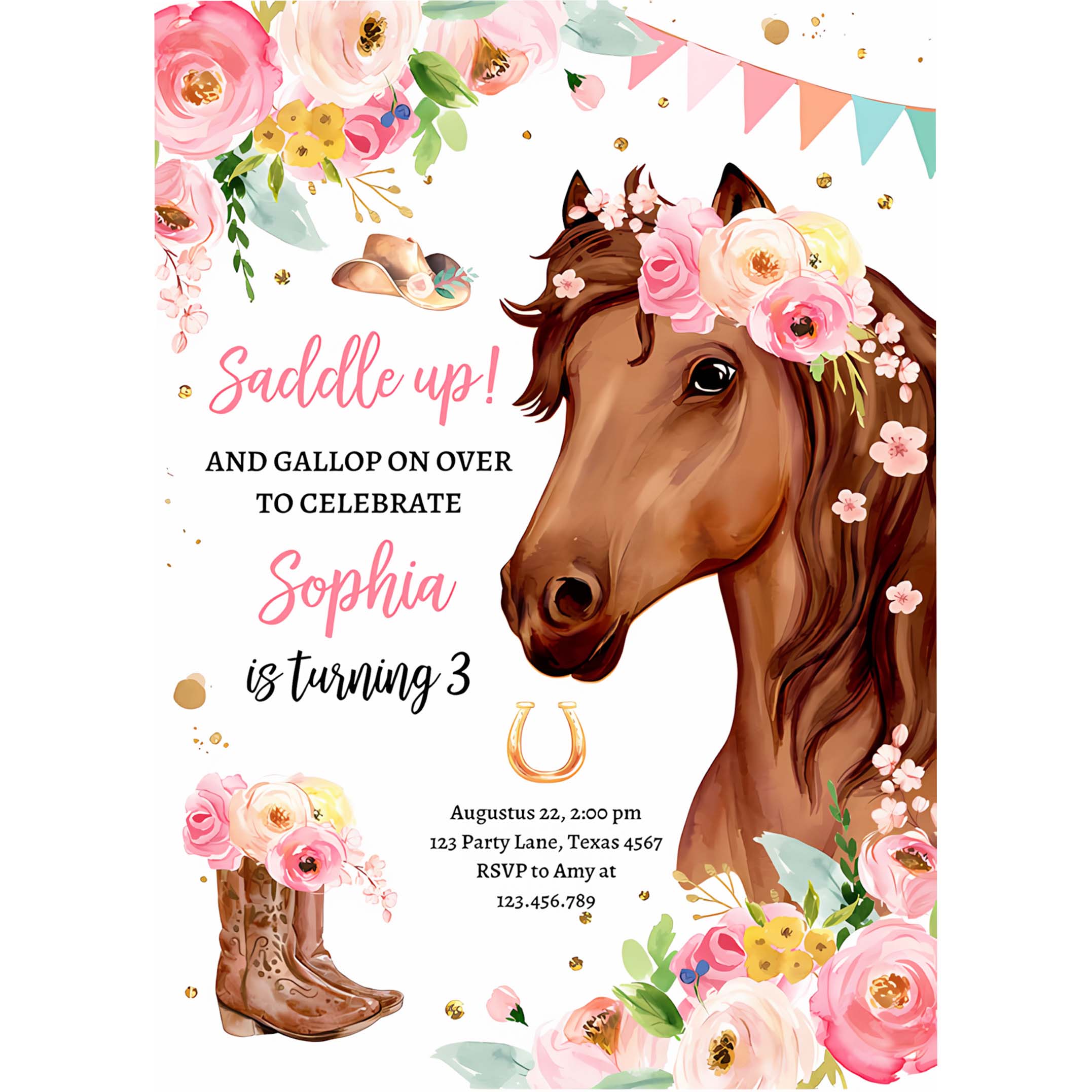 Editable Horse Birthday Invitation Girl Saddle Up Watercolor Cowgirl Party Horse Invite Pink Floral Download Printable Template Corjl 0408