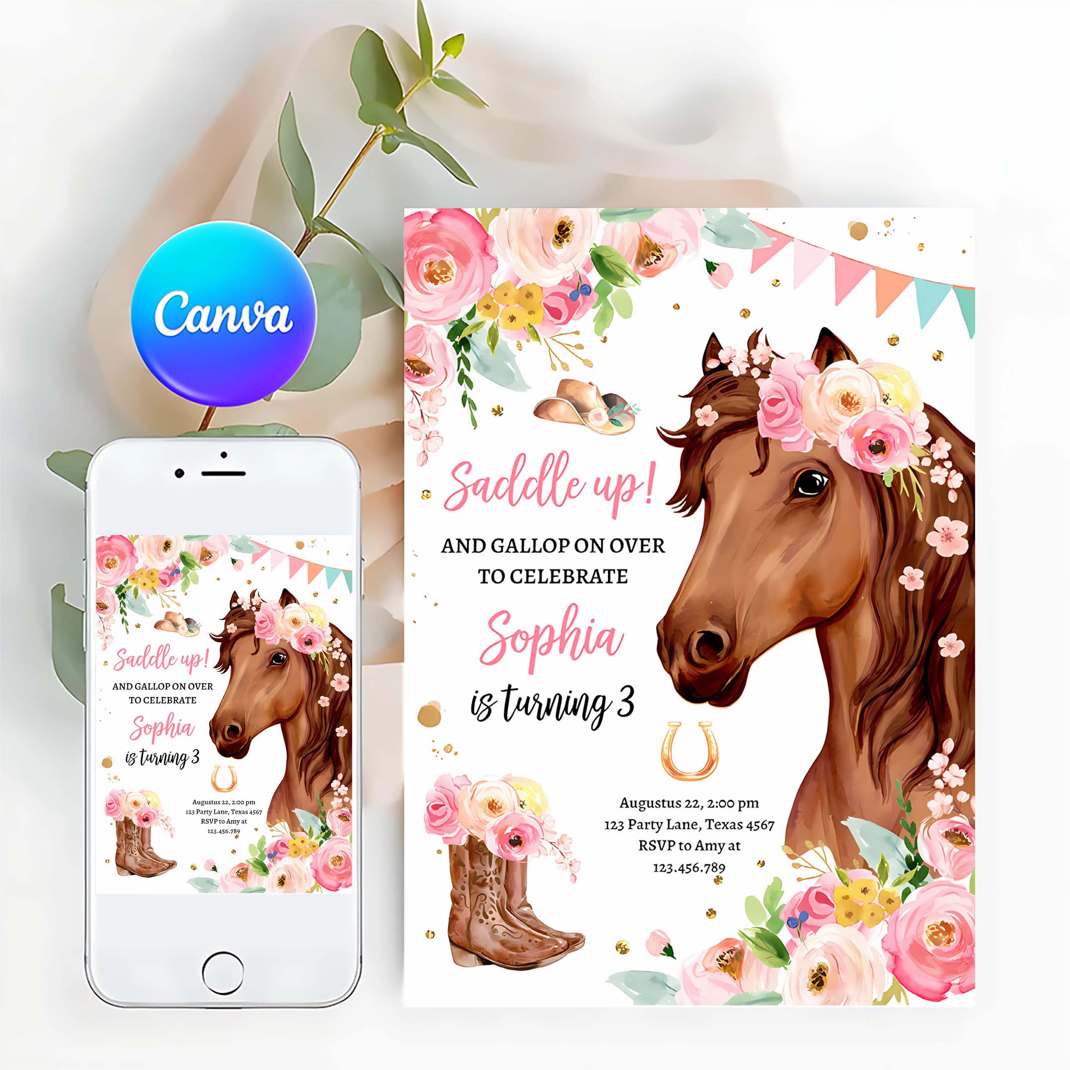 Editable Horse Birthday Invitation Girl Saddle Up Watercolor Cowgirl Party Horse Invite Pink Floral Download Printable Template Corjl