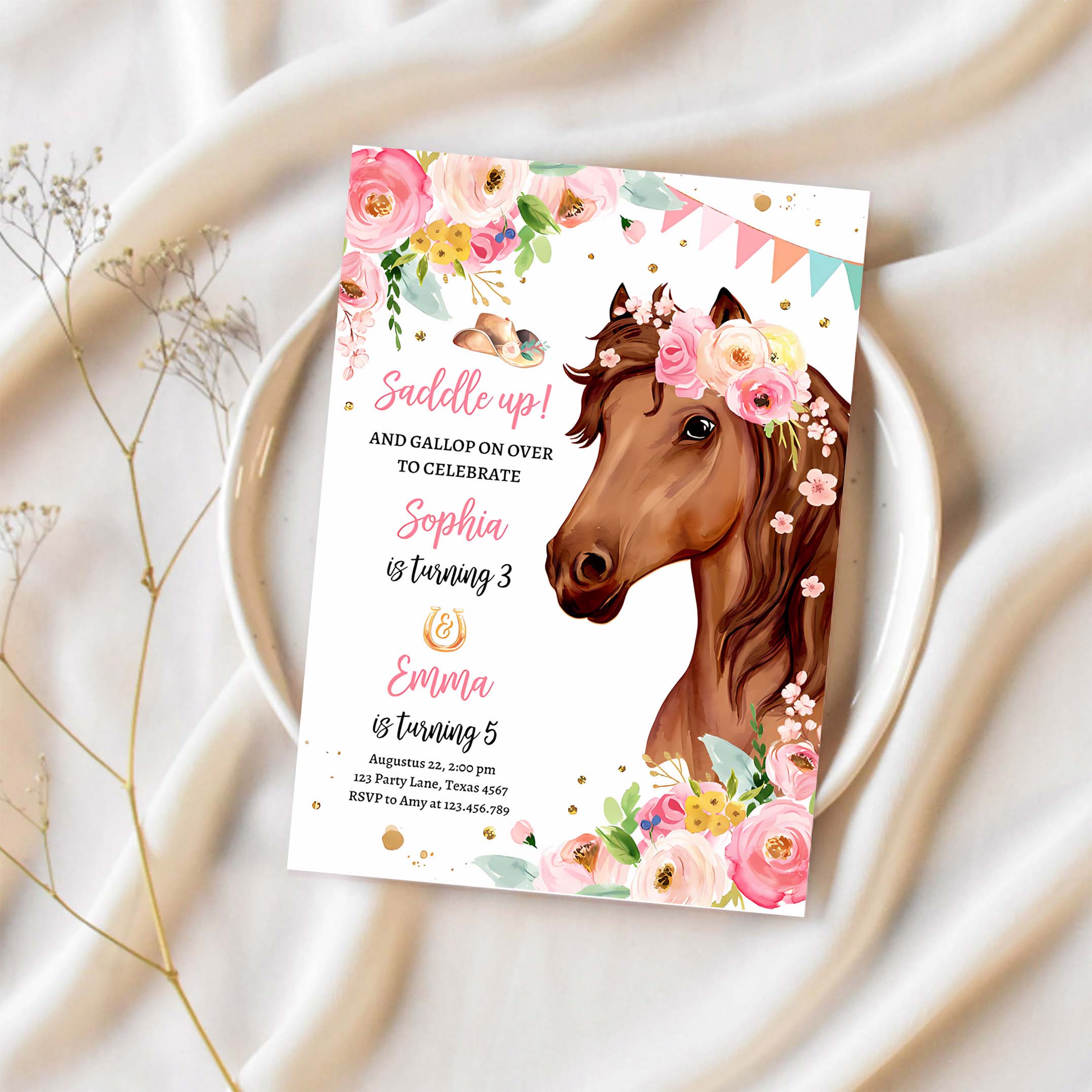 Editable Horse Birthday Invitation Girl Saddle Up Watercolor Cowgirl Party Horse Joint Siblings Pink Floral Printable Template Corjl 0408