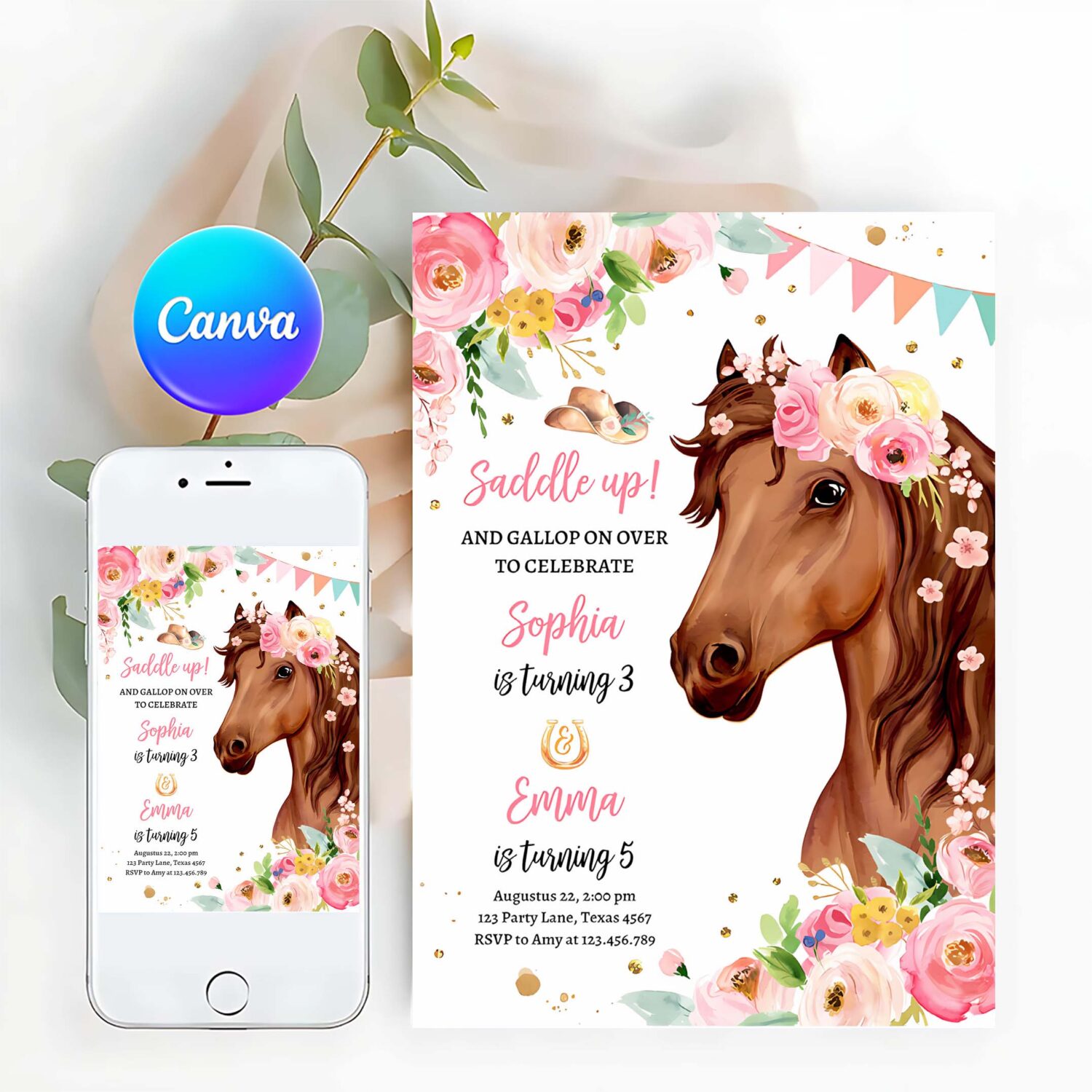 Editable horse birthday invitation girl saddle up watercolor cowgirl party horse joint siblings pink floral printable template corjl 0408