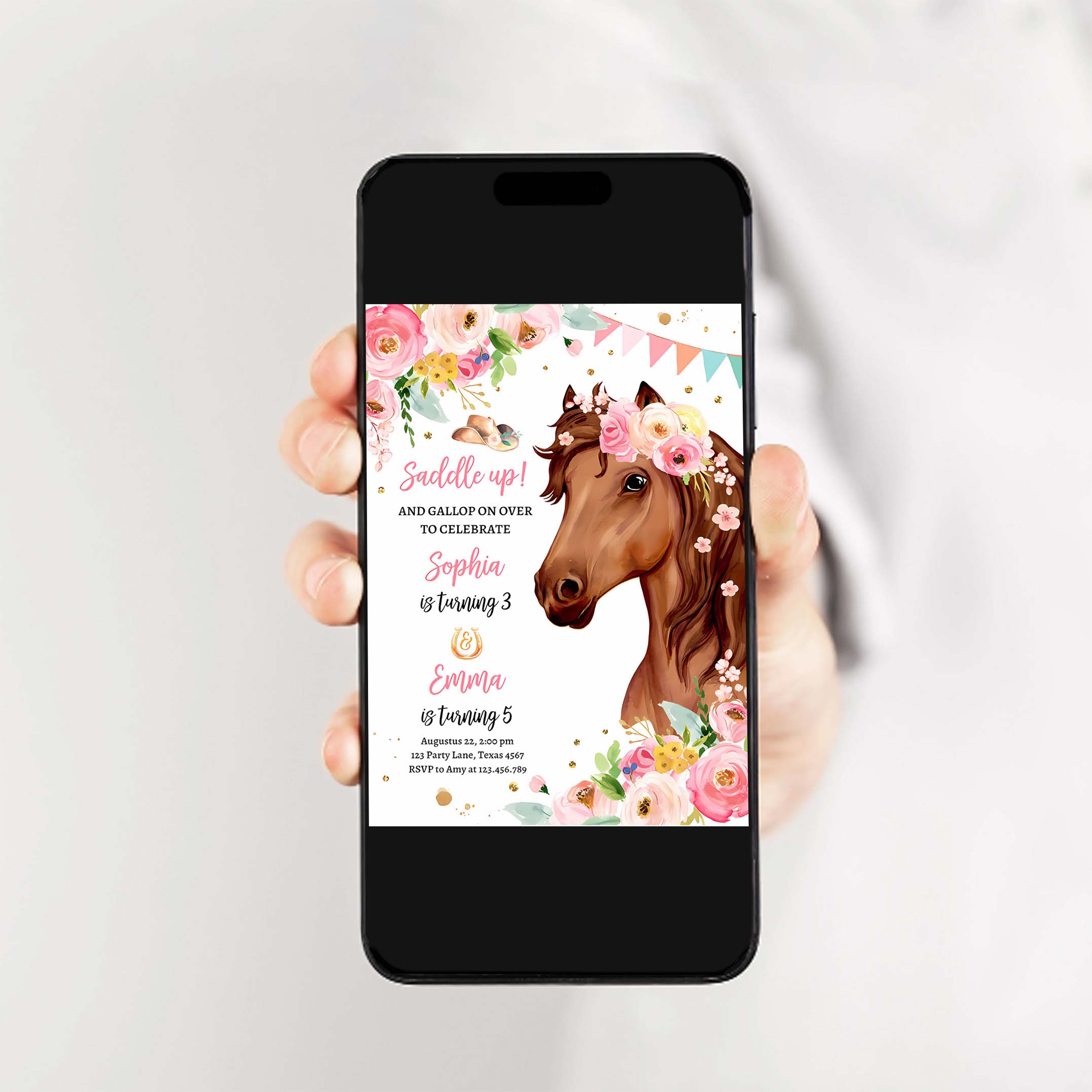 Editable Horse Birthday Invitation Girl Saddle Up Watercolor Cowgirl Party Horse Joint Siblings Pink Floral Printable Template Corjl 0408