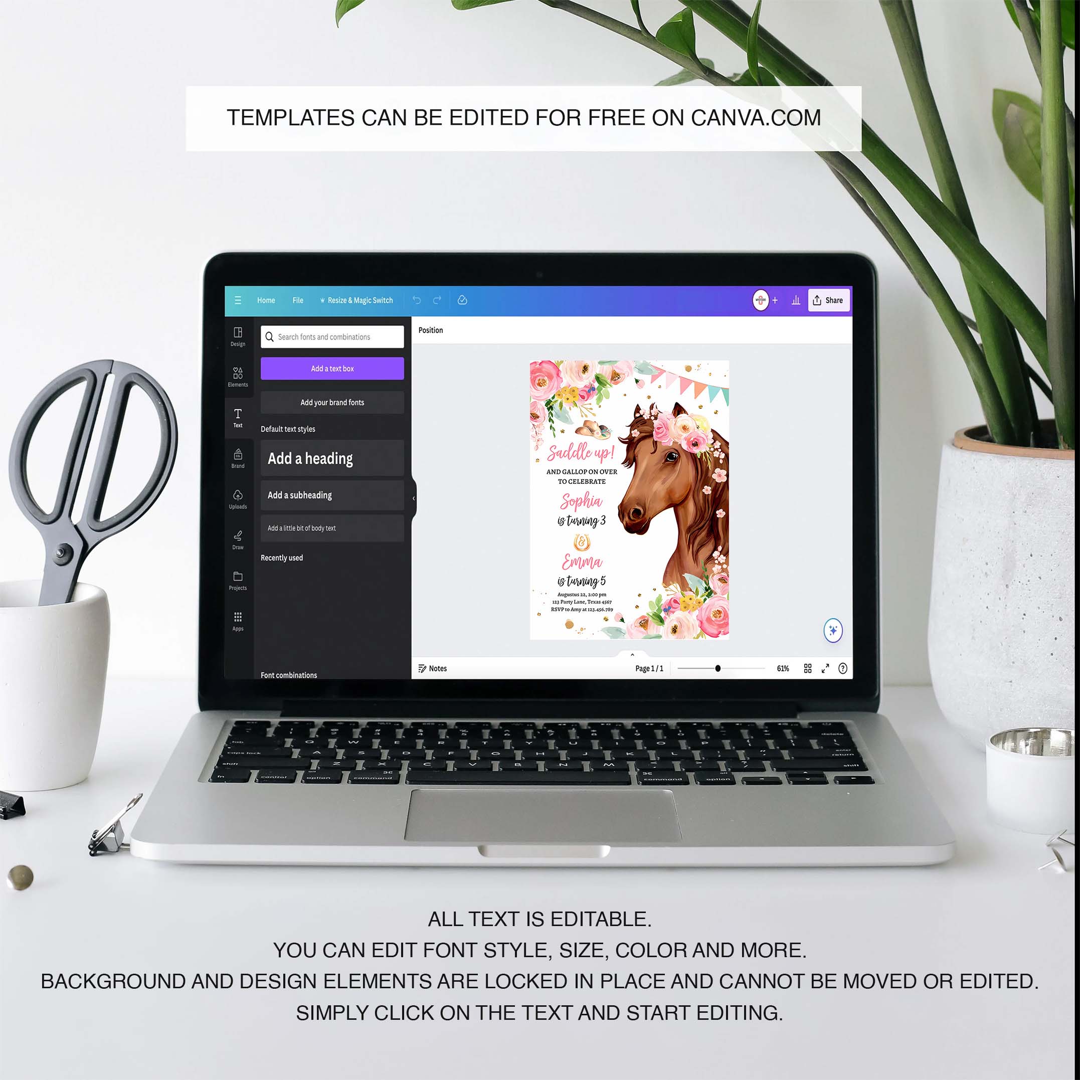 Editable Horse Birthday Invitation Girl Saddle Up Watercolor Cowgirl Party Horse Joint Siblings Pink Floral Printable Template Corjl 0408