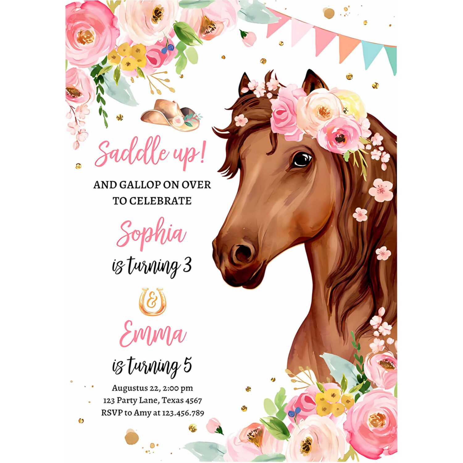 Editable horse birthday invitation girl saddle up watercolor cowgirl party horse joint siblings pink floral printable template corjl 0408 4