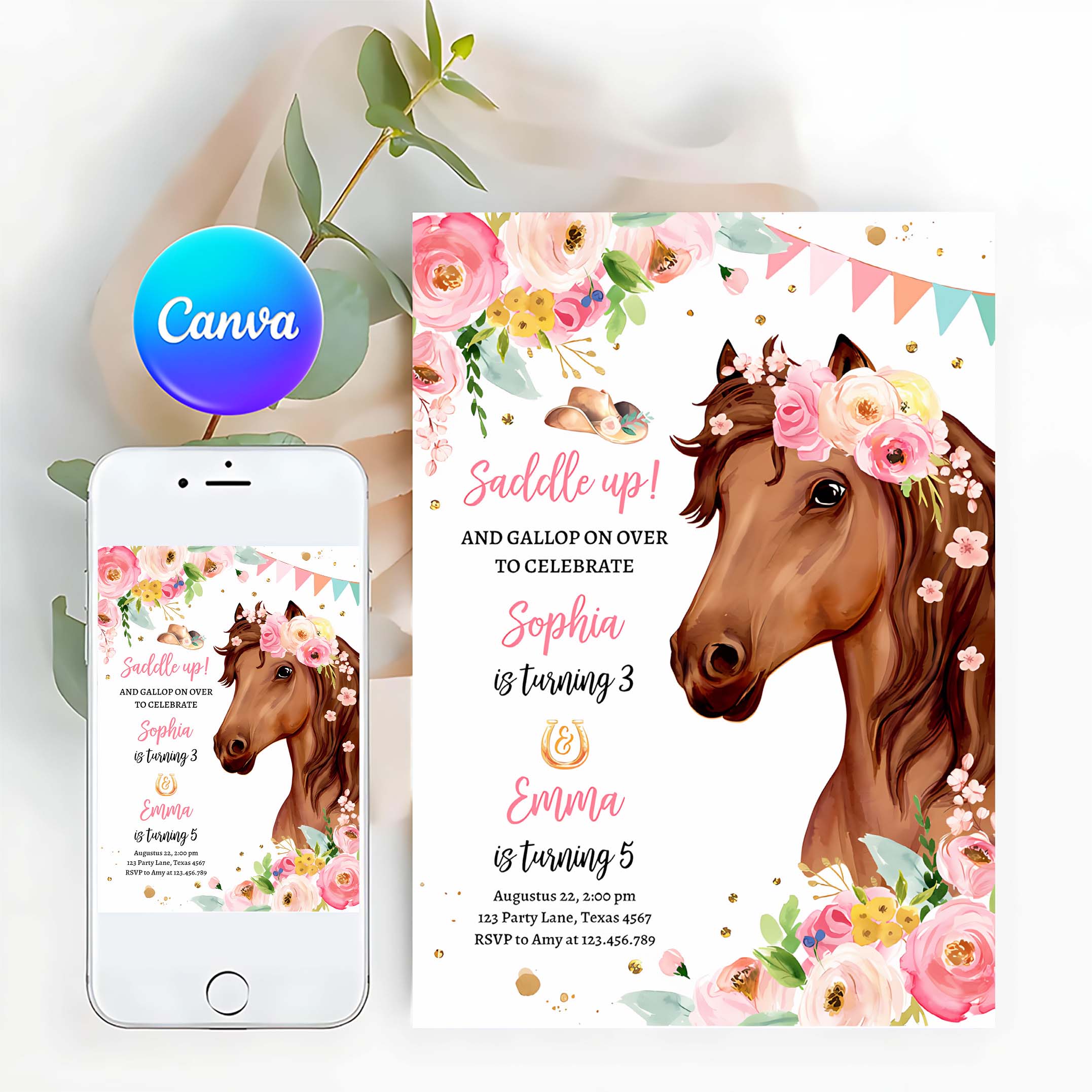 Editable Horse Birthday Invitation Girl Saddle Up Watercolor Cowgirl Party Horse Joint Siblings Pink Floral Printable Template Corjl