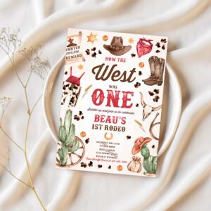 Editable how the west was one birthday party invitation cowboy birthday invitation wild west cowboy 1st rodeo birthday instant download qc 1