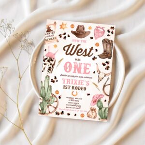 Editable how the west was one birthday party invitation cowgirl birthday invitation wild west pink cowgirl 1st rodeo instant download qw 1