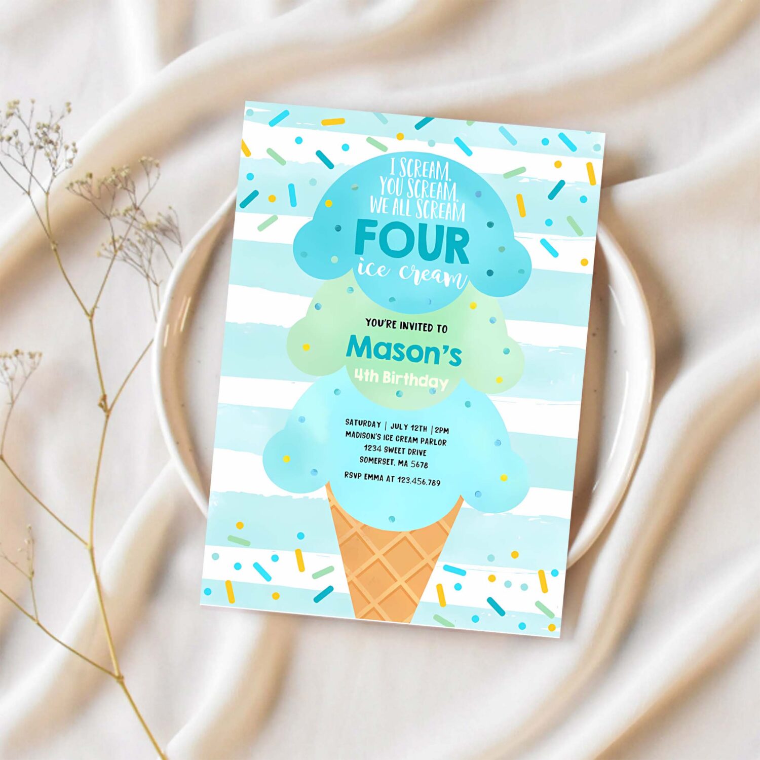 Editable ice cream birthday boy invitation i scream you scream we all scream four ice cream 4th birthday party invite 1